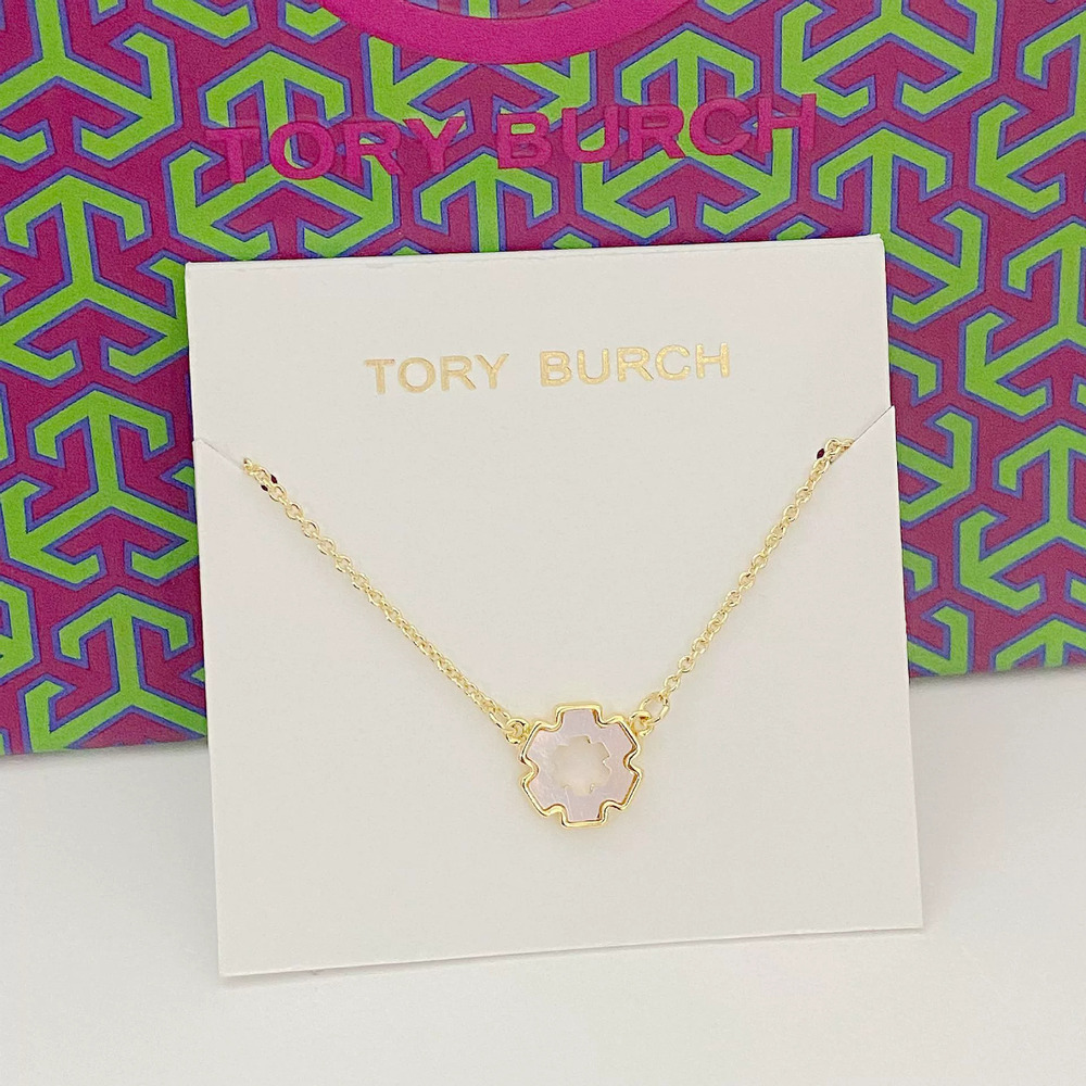 Tory Burch Metal Shell Inlay Hollow Flower Necklace